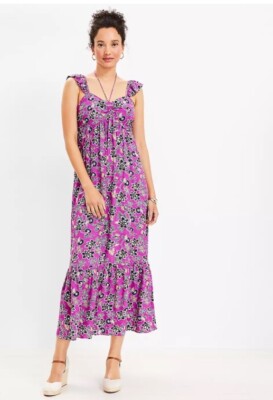 LOFT Purple Pink Floral Maxi Dress Size 12 Clover Ruffle Straps Smocked  Back | eBay