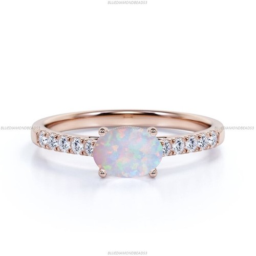14k Rose Gold Natural Opalite Diamond Engagement Band Gemstone Ring For Women