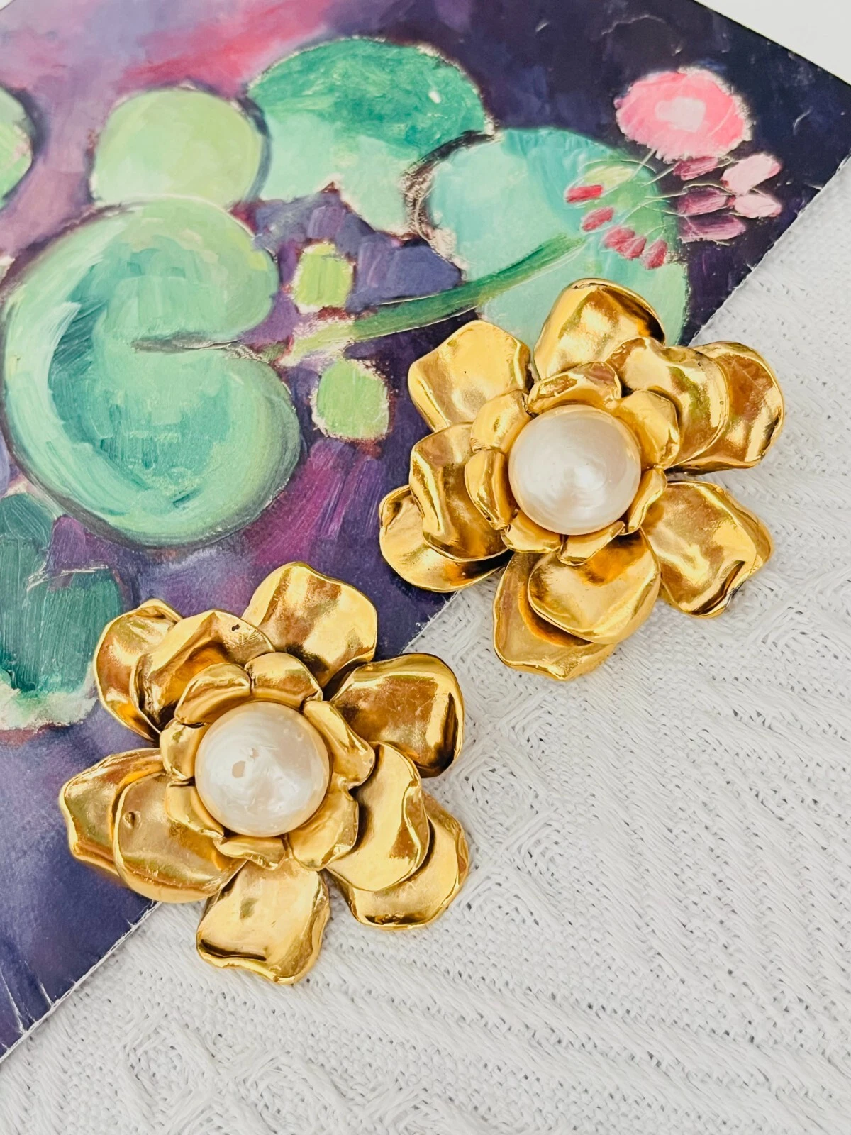 Yves Saint Laurent YSL Vintage Huge Camellia Flower White Pearl Clip Earrings