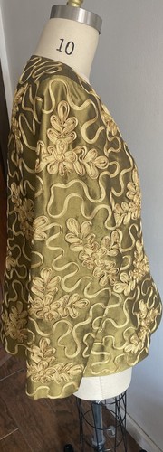 Women’s Silk Jacket Olive Green All Over Gold Soutache & Faux Gold Buttons L/XL - Picture 6 of 8