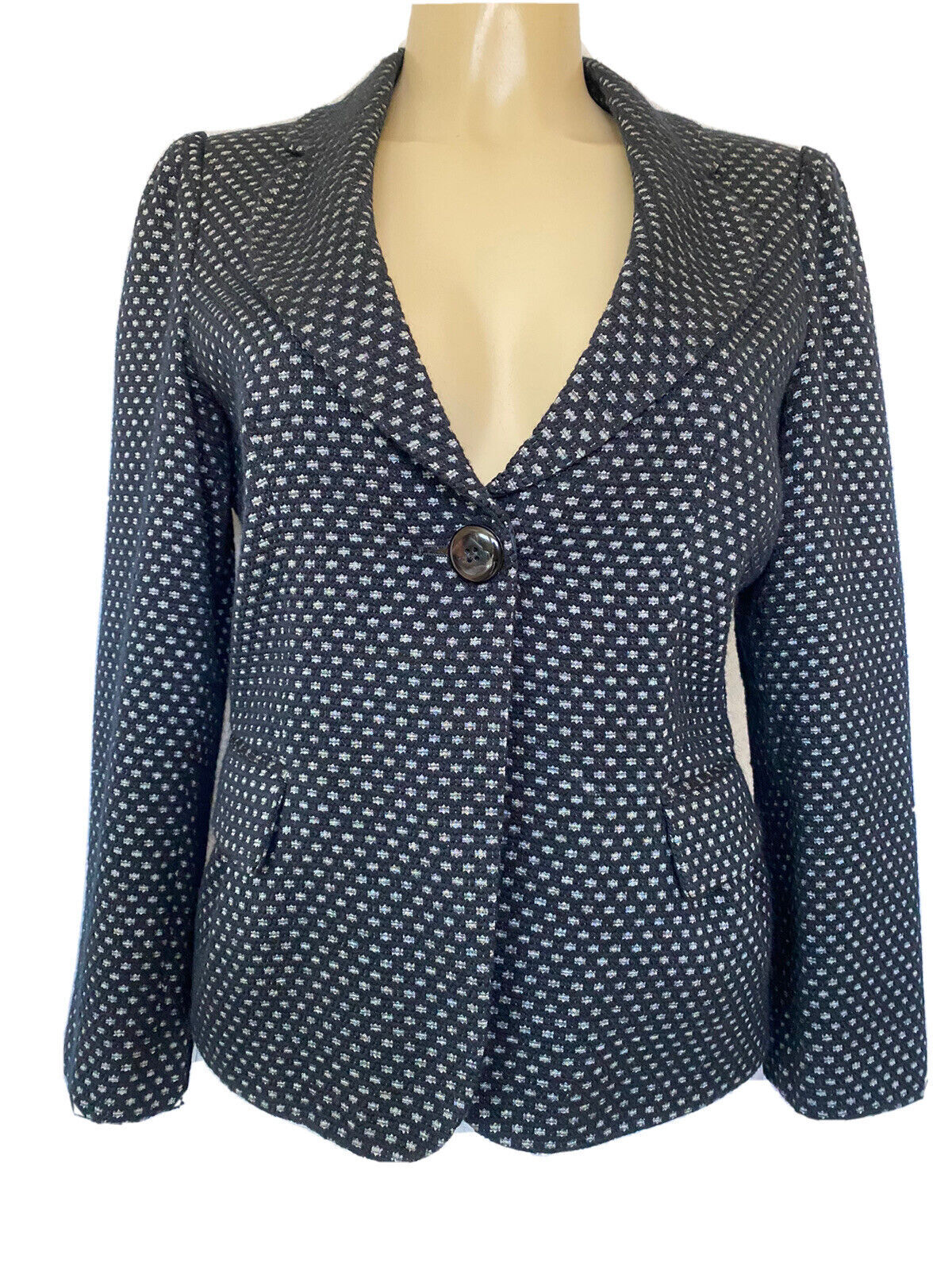 Armani Collezioni Gray Black Wool Blend Textured One Button Jacket Blazer Size 10 M