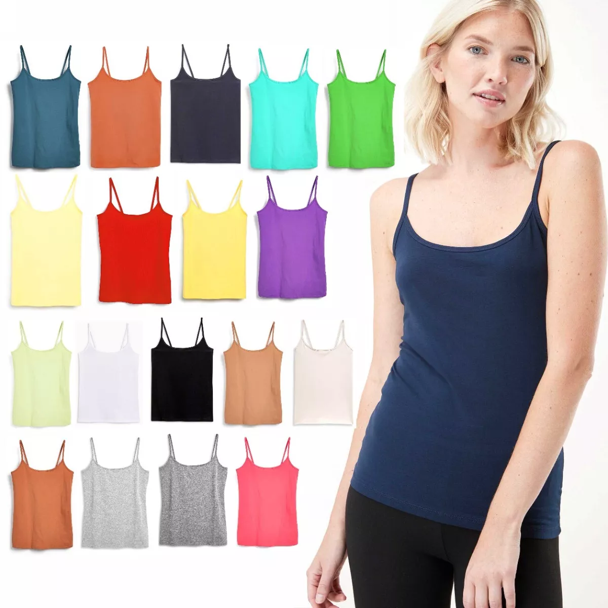 Ladies Women Girls Stretch Cami Camisole Vest Top Straps Singlet Tank Top  New