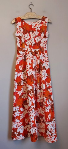 Vintage Royal Hawaiian Floral Maxi Dress Sz 8 Barkcloth Orange White Floral Tiki - Picture 13 of 13