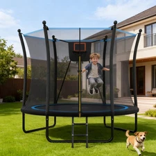 8FT Trampoline w/ Safety Enclosure Net & Ladder, Outdoor Recreational Trampoline