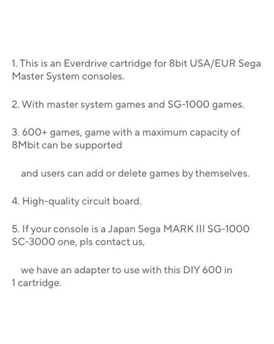 600 in 1 Master Game Cartridge for SEGA System SG-1000 Video Game USA EUR Gaming - Picture 6 of 6