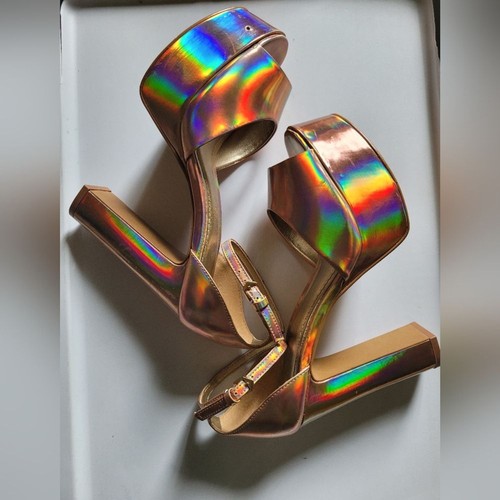 L'Intervalle Iridescent Rose Gold Glam Party Block High Heel Platform Sandals 7 - Picture 10 of 10
