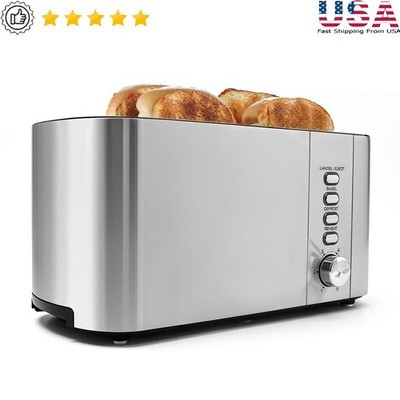 4 Slice Toaster Long Slot Extra Large Slots Bagel Defrost Reheat 6 Levels Silver