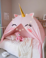 Large Unicorn-Shaped Kids Indoor Tent with Star Lights - Fits Twin Bed, Mesh Win