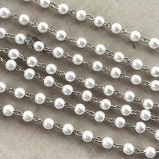 Wedding White Glass Pearl Beaded Rosary Silver Eyepin Chain 6mm 2ft Per Pkg