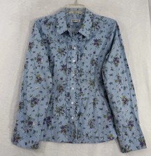Orvis Blue Floral Ruffle Button Down Shirt Womens 10 Long Sleeve Cotton Carefree