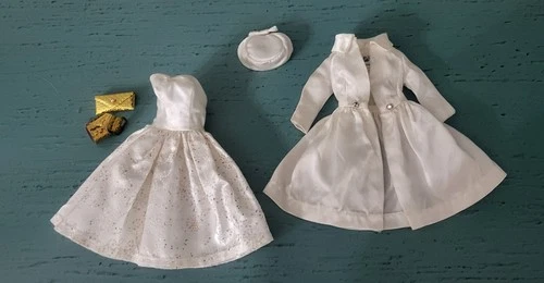 Vintage Barbie Party Date dress belt purse + white satin coat with hat Beautiful