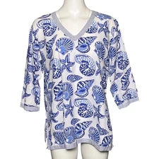 Gretchen Scott Designs Blue White Seashell Print V-Neck Tunic Top Size XL
