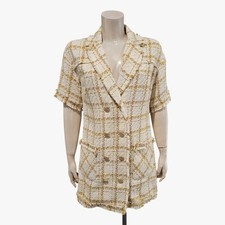 ZARA Double Breasted Plaid Tweed Blazer Dress in Yellow, Cream, Gold S
