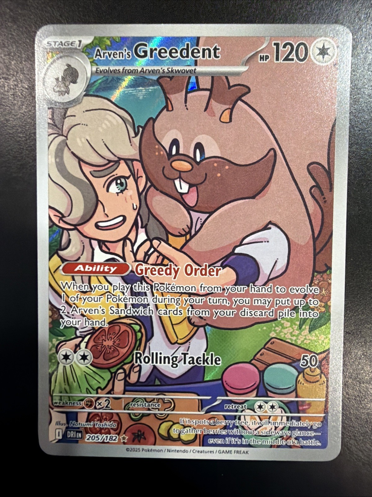 Pokémon Arven's Greedent Full Art Illustration Rare 205/182 SV10 Destined Rivals