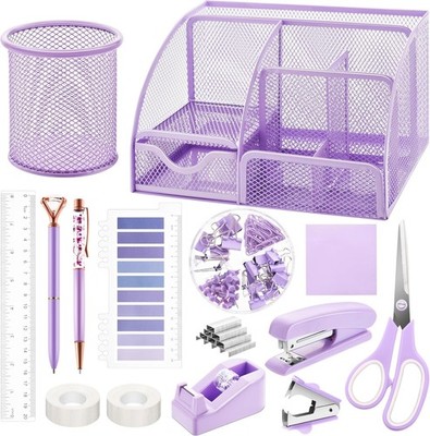 ''15 Pcs Purple Office Supplies Set Mesh Desk Organizer Accessories Kit Include ''