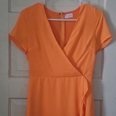 Pink Lily Orange Wrap Dress V-Neck Short Sleeve Ruffle Zipper Size S 2, 4