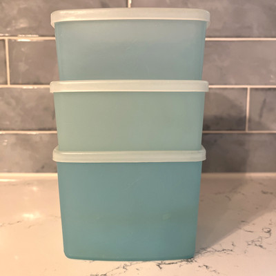 Vintage Set of 3 Tupperware Square Food Storage Containers #311 w/Lids Ice Blue