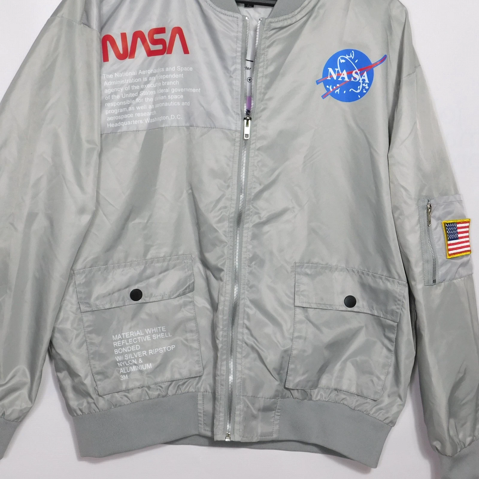 AsstSeries NASA Bomber Jacket Mens Mens XL Silver Streetwear Y2K Space Retro image 3
