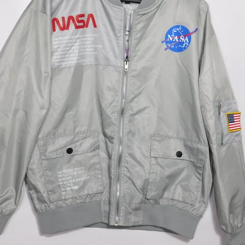 AsstSeries NASA Bomber Jacket Mens Mens XL Silver Streetwear Y2K Space Retro image 3