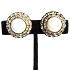 Vintage Lisner Round White Cabochon Dome Rhinestone Clip-On Earrings Signed 1"