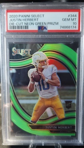 2020 Panini Select - Field Level Justin Herbert #344 Neon Green Prizm Die-Cut RC