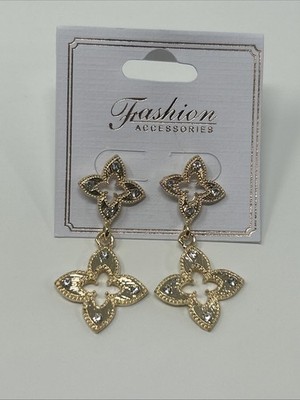 NWT Fashion Accessories Gold Tone Clover Dangle Earrings Rhinestone Accents