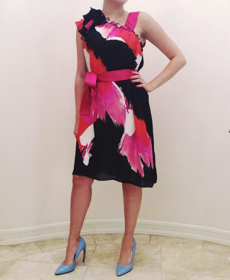 Diseñadora Anna Molinari Un Hombro Volantes Floral Cinturón Vestido EE. UU. 2-4/Italia 38 Foto 2 de 4