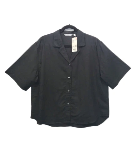 Uniqlo Top Women’s Size M Black Linen Blend Short Sleeve Button Up Shirt - NEW