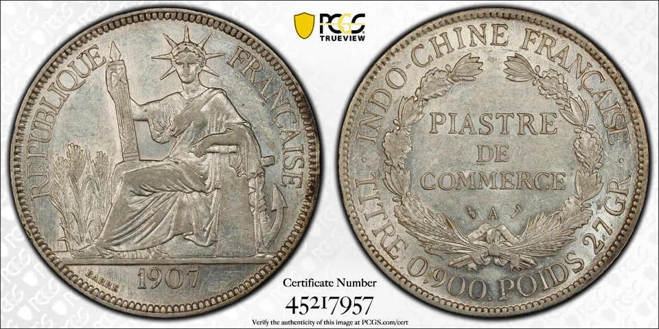 1907-A French Indo-China 1 Silver Piastre PCGS AU detials - Image 3 of 4