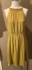 Loft L Sleeveless Chic Luxe Chartreuse Silky Dress W Gathered Neck