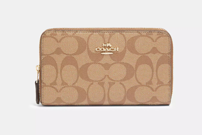 Coach Women's Gold/Khaki Saddle 2 Signature Canvas Medium Id Zip