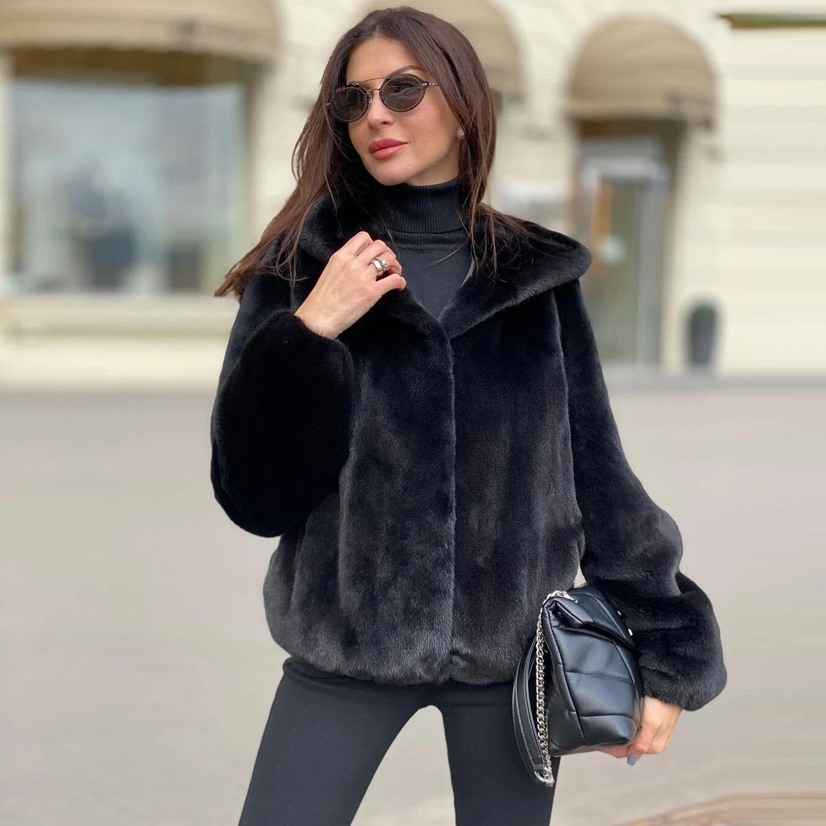 Women Black Real Mink Fur Coat Hooded Warm Full Pelt Genuine Fur Jacket  Hoodie