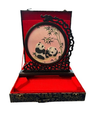 Chinese Panda Suzhou Table Silk Embroidery Carved Wood Framed Screen Art CASE