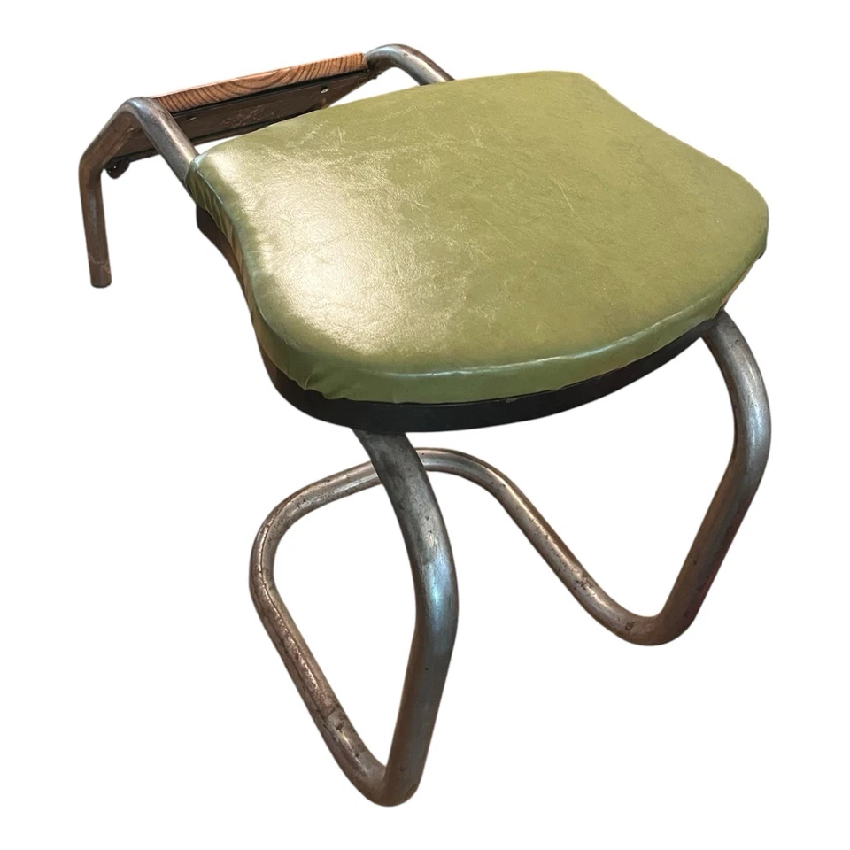 Taburete de montaje vintage de madera resistente cromado acolchado retirado zapato vendedor tienda Foto 2 de 4