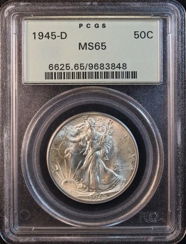 1945-D Walking Liberty Silver Half Dollar - PCGS MS65 OGH! Attractive GEM BU!