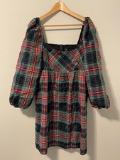 J. Crew Plaid Dress Womens 16 Multicolor Smocked Puff Sleeve Holiday Square Neck