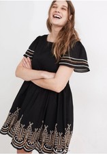 MADEWELL Women's Black  Eyelet Puff-Sleeve Mini Dress XS 100% cotton bohemian 