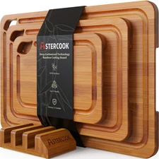 Astercook 4-Pieces Wood Cutting Board Set with Holder, Juice Groove & Handles