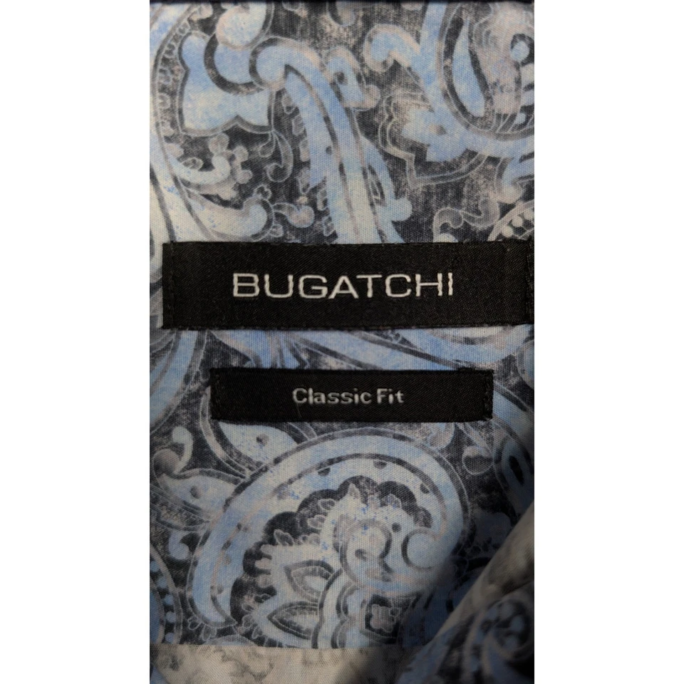 Camisa masculina Bugatchi ajuste clássico estampa paisley azul manga longa botão para baixo GG - Imagem 4 de 4