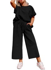 Womens Plus Size Sets Casual Short Sleeve Crewneck Tops Drawstring High Waist...