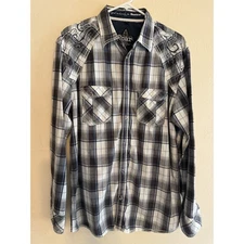 Roar Long Sleeve Shirt Men's XL Cross Embroidered Button Down White Blue Pockets