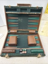 Vintage Aries of Beverly Hills Backgammon Set Green Brown Suede Case Free S H