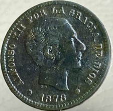 Nice Details 1878 Spanish Coin 5 Centimos  King Alfonso XII  Large 140 Years Old