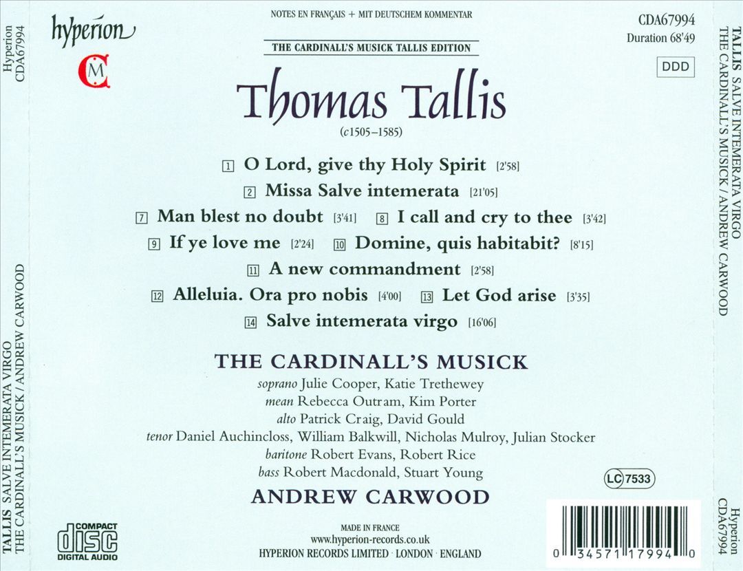 THE CARDINALL'S MUSICK/ANDREW CARWOOD TALLIS: SALVE INTEMERATA NEW CD