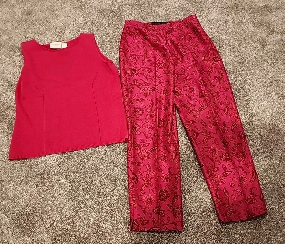 Calça de tornozelo vintage Josephine Chaus rosa 100% seda - Tamanho 10 e blusa Liz Claiborne