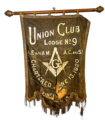 ANTIQUE MASONIC BANNER 1920 UNION CLUB LODGE #9 CINCINNATI OH AF & AM AC & SD