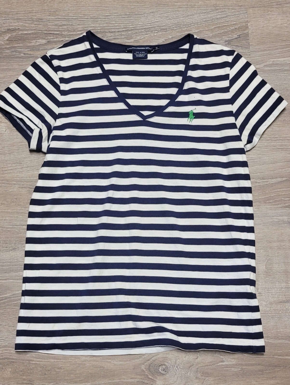 Ralph Lauren Sport Women's White & Navy Stripe Green Pony V-Neck Top Size Medium