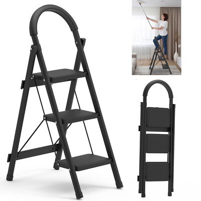 3 Step Ladder with Wide Anti-Slip Pedal Heavy Duty Folding 330lbs Step Stool
