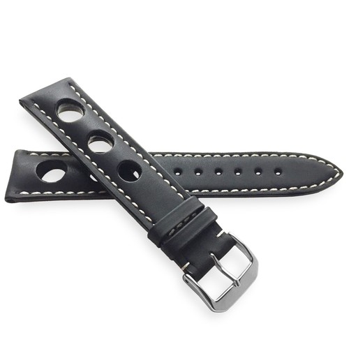 22 mm Negro JUCHTEN Cuero Perforado Carreras GT Rally Reloj Correa de Banda - Imagen 4 de 5