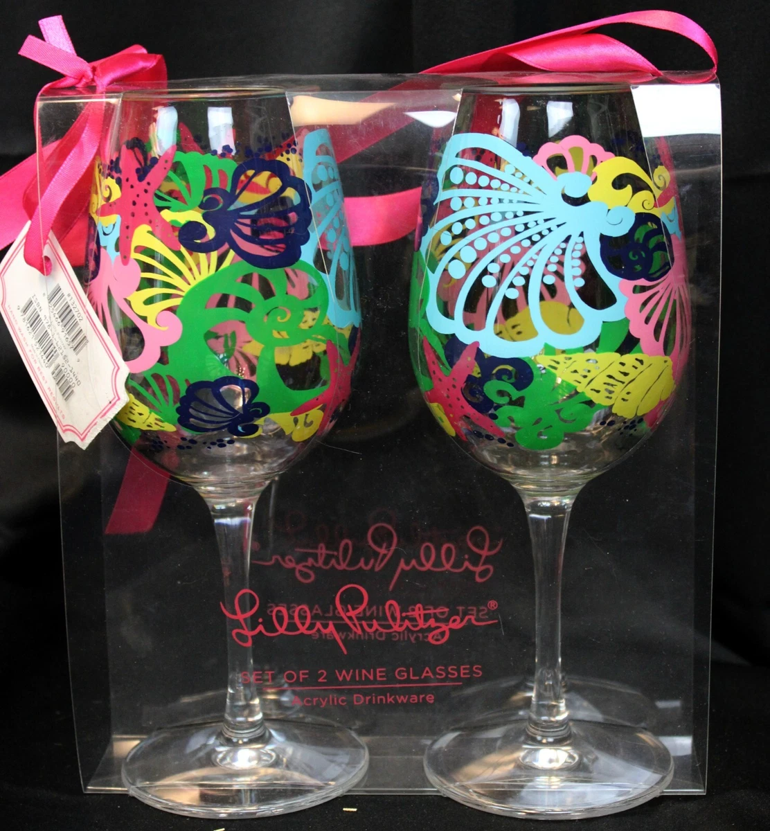 2 Lilly Pulitzer Acrylic Wine Glasses Chiquita Bonita Sea Shells Beach Ocean